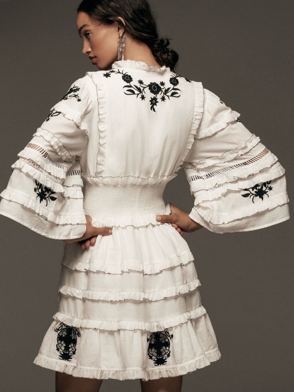 Anthropologie embroidered V-neck ruffled mini dress size large